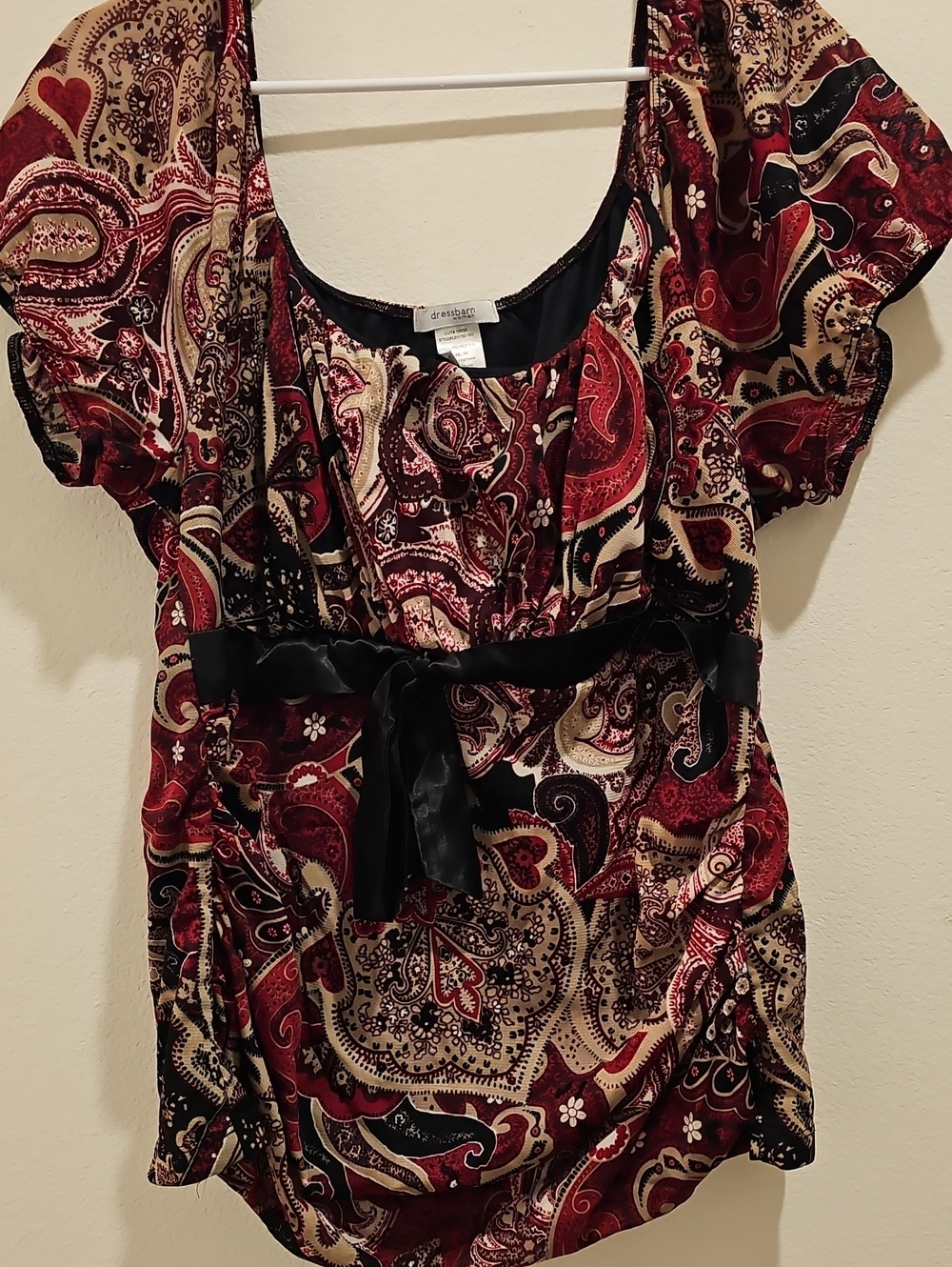 Dress Barn Burgundy Cream Paisley Scoop-Neck Tunic with Black Sash